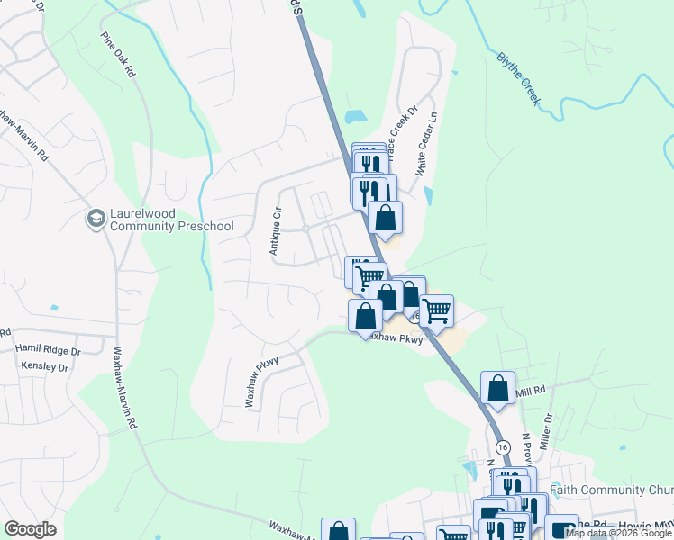 map of restaurants, bars, coffee shops, grocery stores, and more near 4004 Christine Lane in Waxhaw