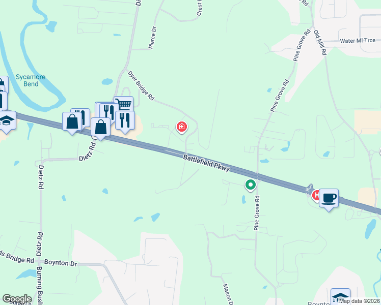 map of restaurants, bars, coffee shops, grocery stores, and more near 535 Dyer Bridge Road in Ringgold