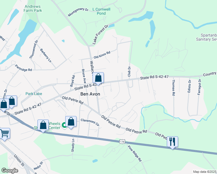 map of restaurants, bars, coffee shops, grocery stores, and more near 214 Woodburn Club Lane in Spartanburg