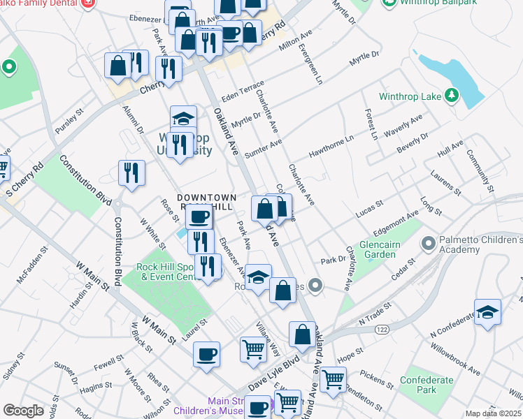 map of restaurants, bars, coffee shops, grocery stores, and more near Oakland Avenue in Rock Hill