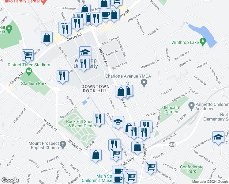 map of restaurants, bars, coffee shops, grocery stores, and more near 421 Oakland Avenue in Rock Hill
