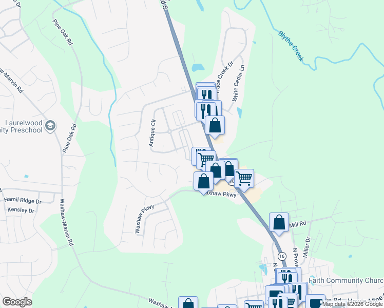 map of restaurants, bars, coffee shops, grocery stores, and more near 4004 Christine Lane in Waxhaw