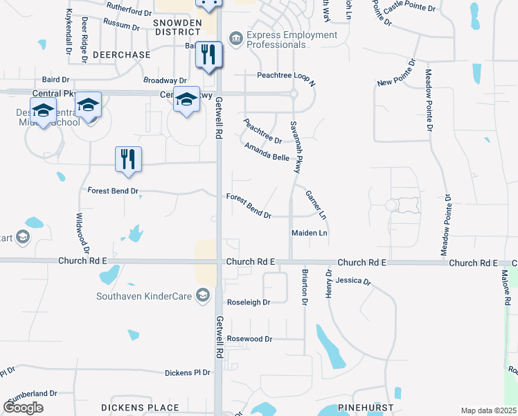 map of restaurants, bars, coffee shops, grocery stores, and more near 3138 Forest Bend Drive in Southaven