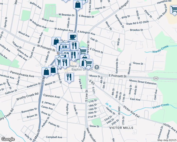 map of restaurants, bars, coffee shops, grocery stores, and more near 400 South Carolina 290 in Greer