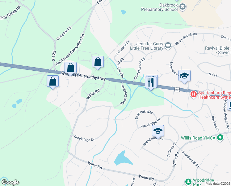 map of restaurants, bars, coffee shops, grocery stores, and more near 100 Hawk Creek Drive in Spartanburg