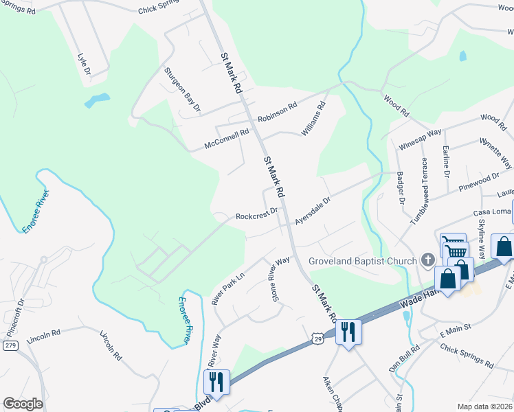 map of restaurants, bars, coffee shops, grocery stores, and more near 12 Rockcrest Circle in Taylors