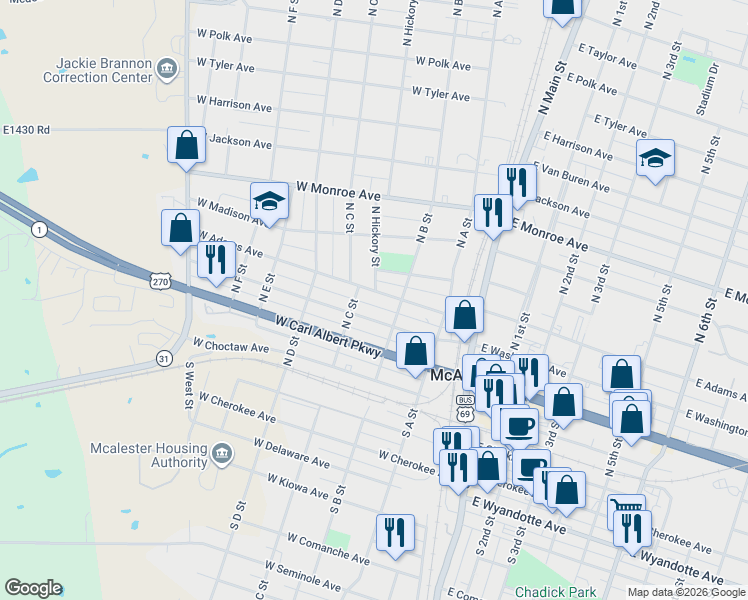 map of restaurants, bars, coffee shops, grocery stores, and more near 321 West Adams Avenue in McAlester