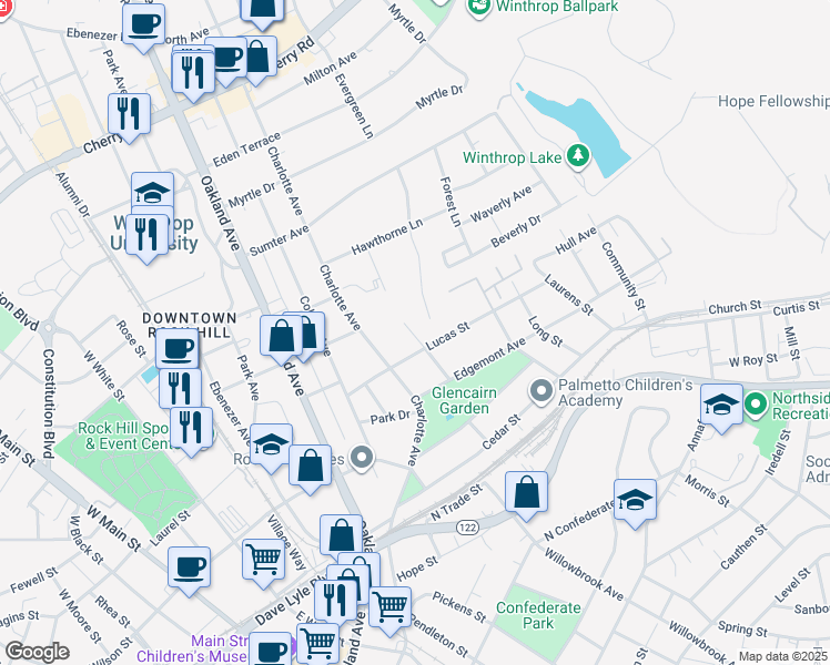 map of restaurants, bars, coffee shops, grocery stores, and more near 374 Charlotte Avenue in Rock Hill