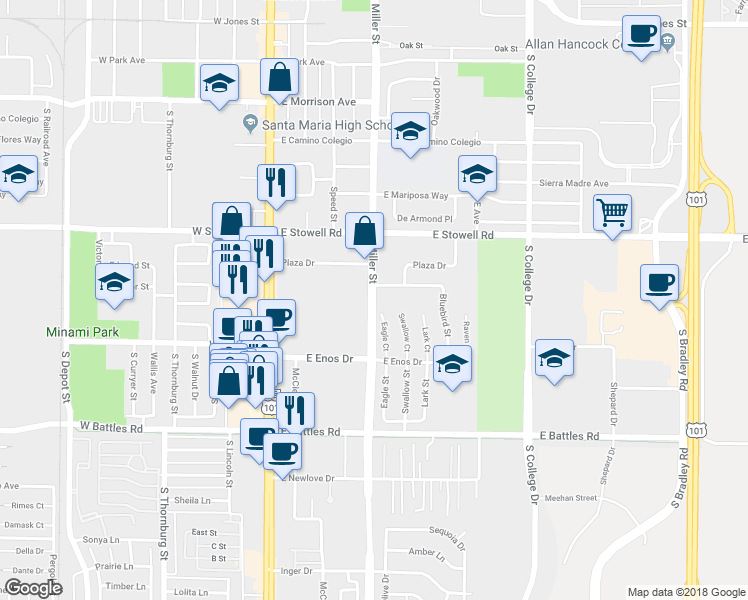 map of restaurants, bars, coffee shops, grocery stores, and more near Miller Street in Santa Maria