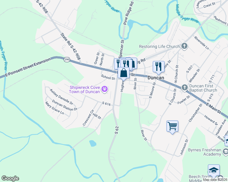 map of restaurants, bars, coffee shops, grocery stores, and more near 180 South 62 in Duncan