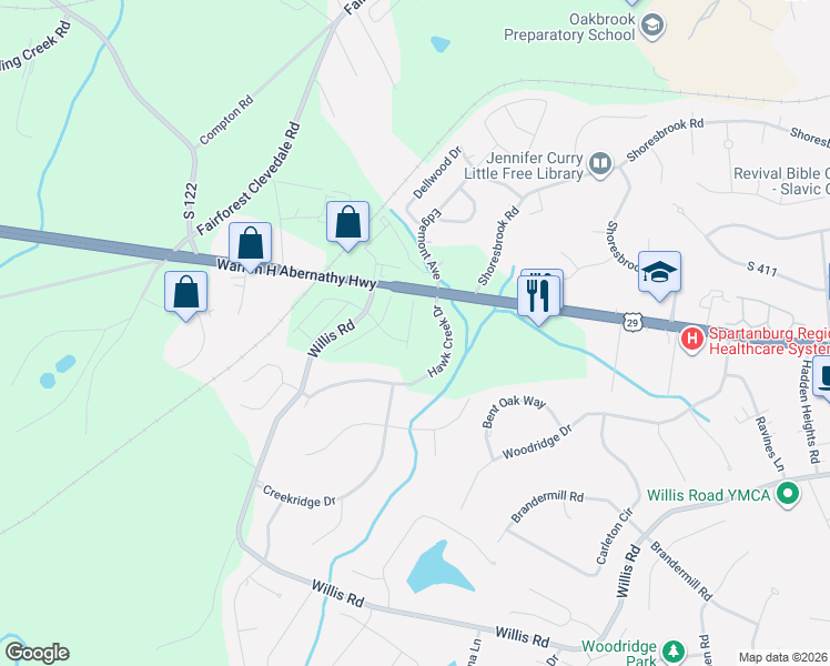 map of restaurants, bars, coffee shops, grocery stores, and more near 100 Hawk Creek Drive in Spartanburg