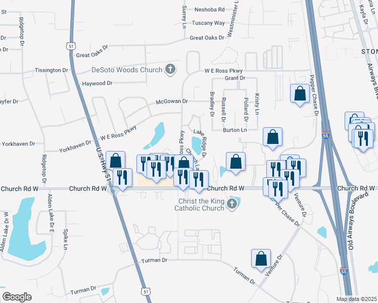 map of restaurants, bars, coffee shops, grocery stores, and more near 5199 Church Lake Drive in Southaven