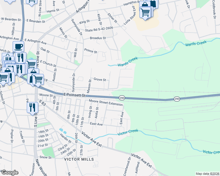 map of restaurants, bars, coffee shops, grocery stores, and more near 105 Wilson Street in Greer