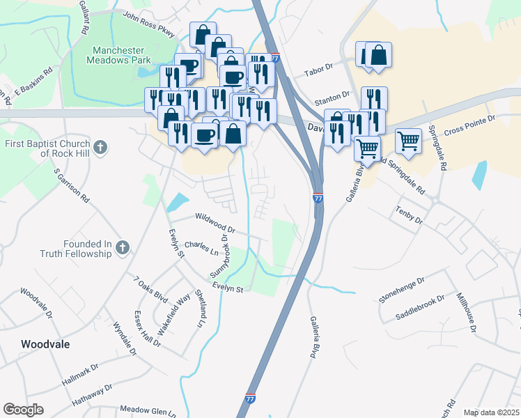 map of restaurants, bars, coffee shops, grocery stores, and more near 259 Liverpool Road in Rock Hill