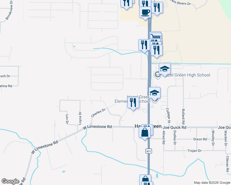 map of restaurants, bars, coffee shops, grocery stores, and more near 245 Charles Drive in Hazel Green