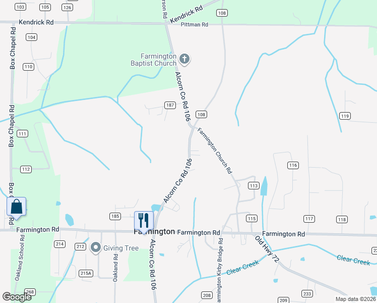 map of restaurants, bars, coffee shops, grocery stores, and more near 44 Farmington Church Road in Corinth