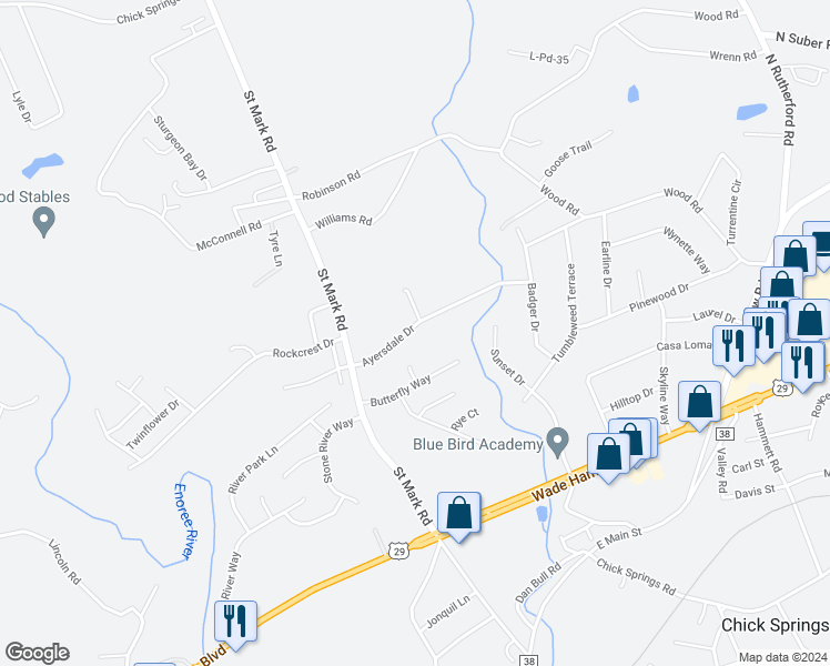 map of restaurants, bars, coffee shops, grocery stores, and more near 102 Ayersdale Drive in Taylors