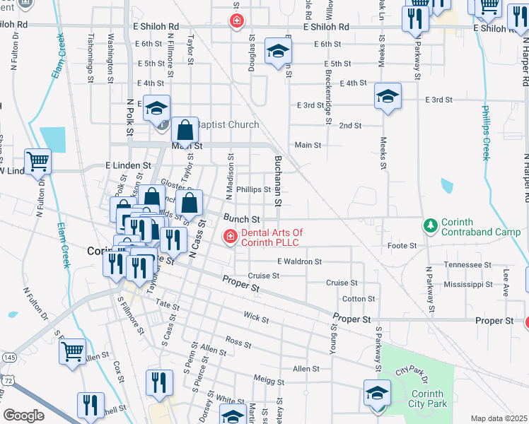 map of restaurants, bars, coffee shops, grocery stores, and more near in Corinth