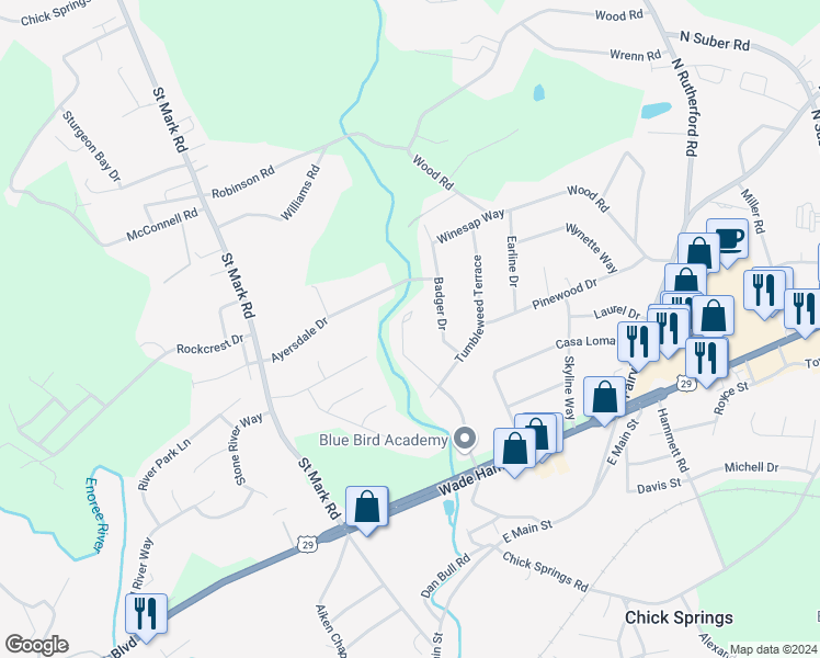 map of restaurants, bars, coffee shops, grocery stores, and more near 18 Sunset Drive in Taylors