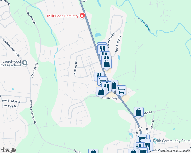 map of restaurants, bars, coffee shops, grocery stores, and more near 4004 Christine Lane in Waxhaw
