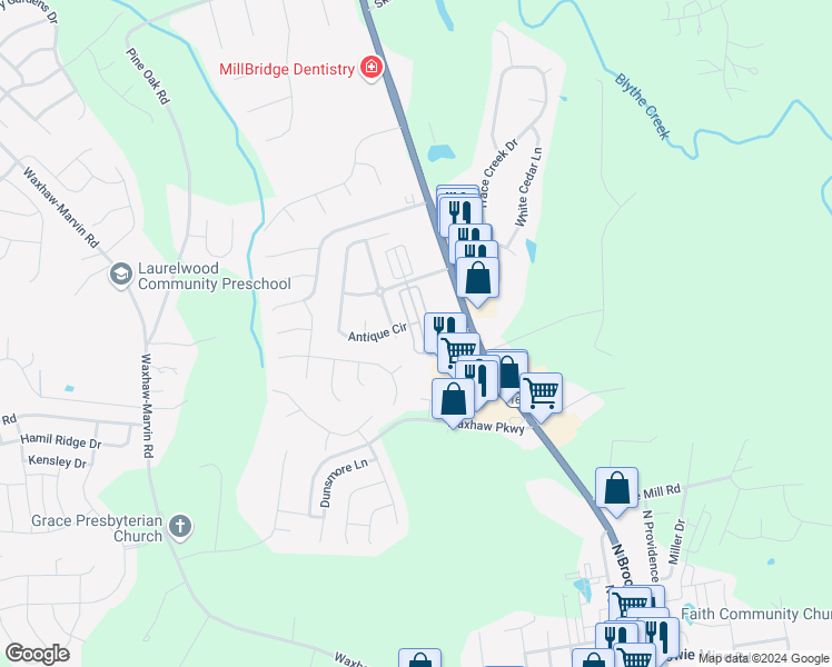 map of restaurants, bars, coffee shops, grocery stores, and more near 4004 Christine Lane in Waxhaw