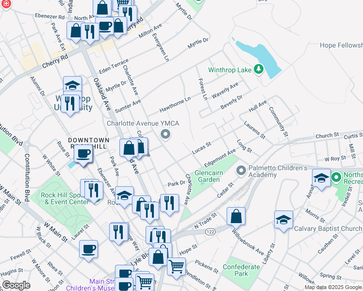 map of restaurants, bars, coffee shops, grocery stores, and more near 374 Charlotte Avenue in Rock Hill