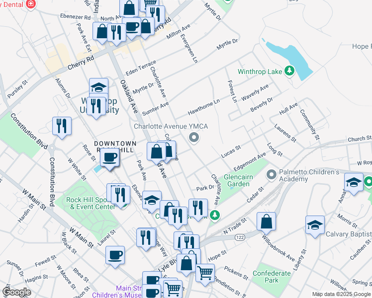 map of restaurants, bars, coffee shops, grocery stores, and more near in Rock Hill