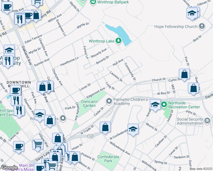 map of restaurants, bars, coffee shops, grocery stores, and more near 316 Piedmont Street in Rock Hill