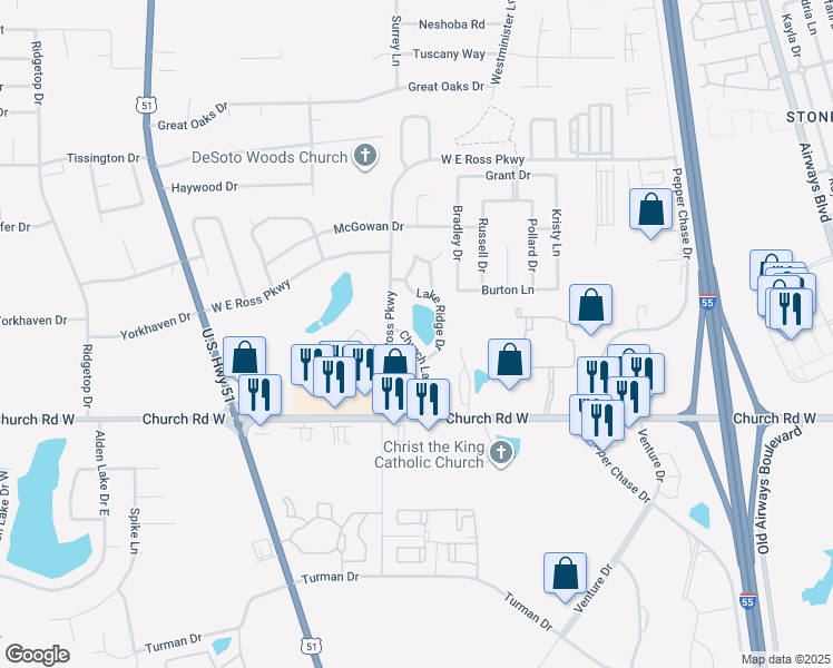 map of restaurants, bars, coffee shops, grocery stores, and more near 5199 Church Lake Drive in Southaven