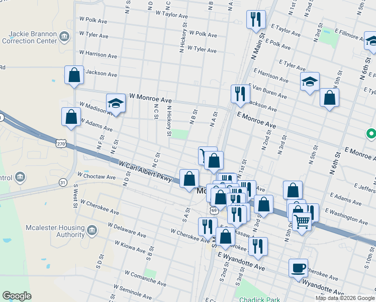 map of restaurants, bars, coffee shops, grocery stores, and more near 233 West Adams Avenue in McAlester