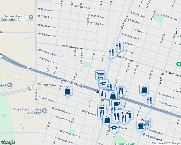 map of restaurants, bars, coffee shops, grocery stores, and more near 233 West Adams Avenue in McAlester