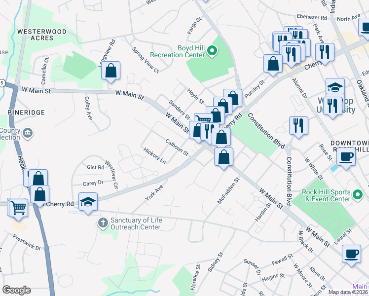 map of restaurants, bars, coffee shops, grocery stores, and more near 443 Bynum Avenue in Rock Hill
