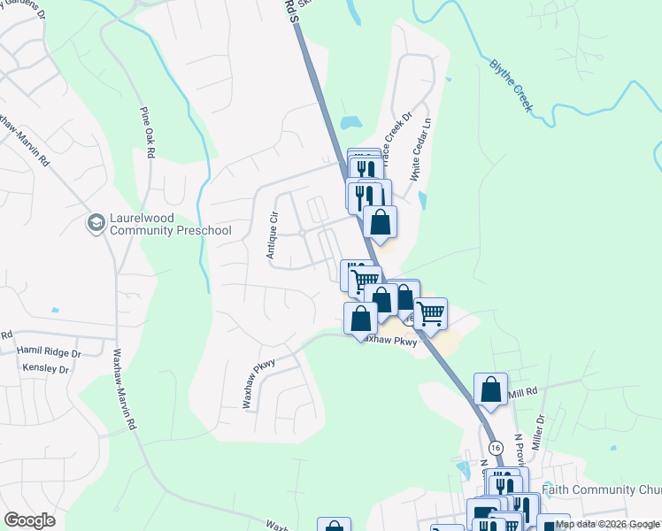 map of restaurants, bars, coffee shops, grocery stores, and more near 4004 Christine Lane in Waxhaw