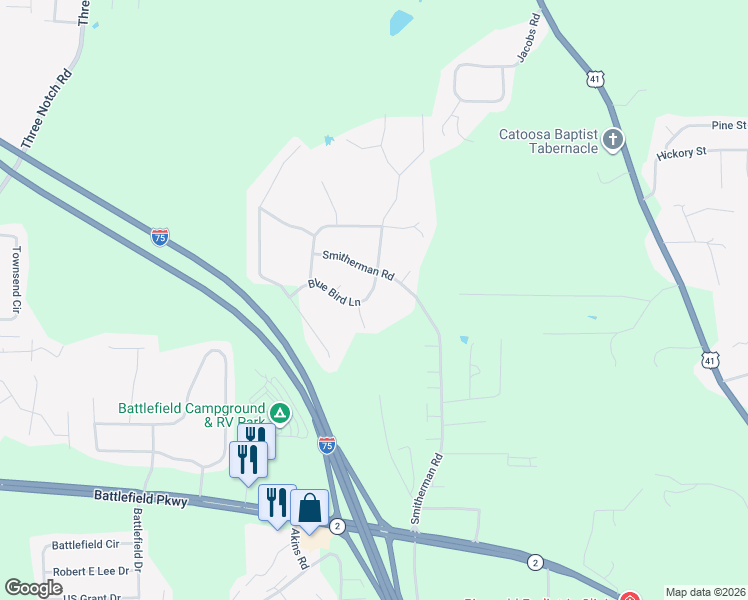 map of restaurants, bars, coffee shops, grocery stores, and more near 232 Blue Bird Lane in Ringgold