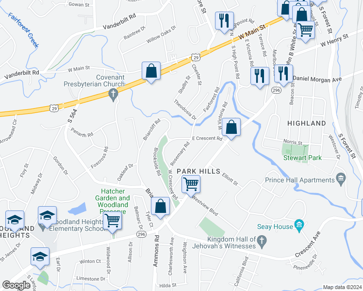 map of restaurants, bars, coffee shops, grocery stores, and more near 110 Rosemary Road in Spartanburg