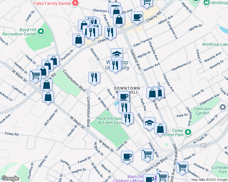 map of restaurants, bars, coffee shops, grocery stores, and more near 630 Rose Street in Rock Hill