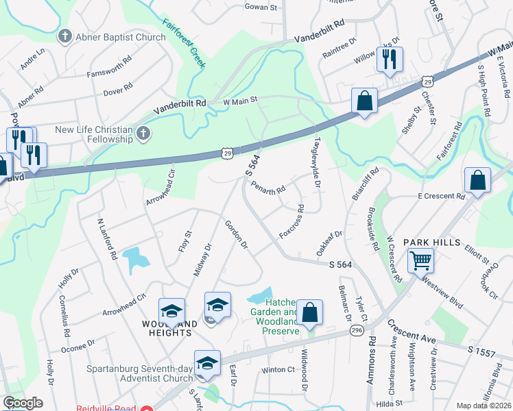 map of restaurants, bars, coffee shops, grocery stores, and more near 325 Briarwood Road in Spartanburg