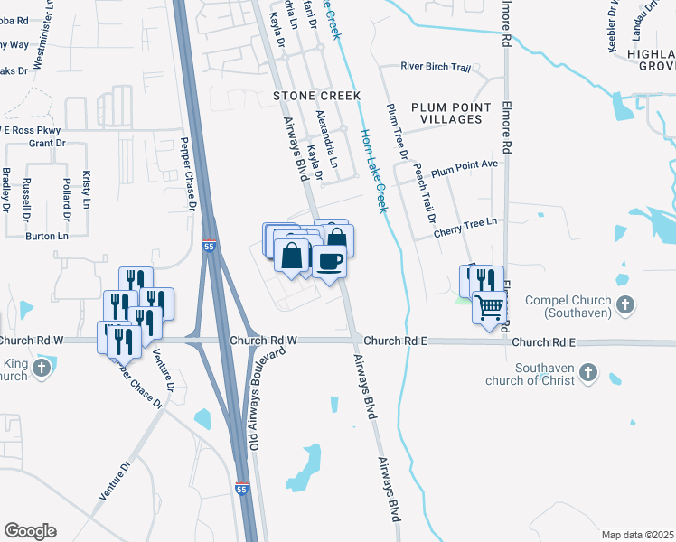 map of restaurants, bars, coffee shops, grocery stores, and more near 5205 Airways Boulevard in Southaven