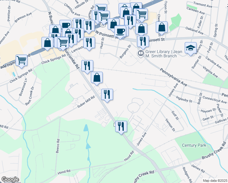 map of restaurants, bars, coffee shops, grocery stores, and more near 198 Commerce Drive in Greer