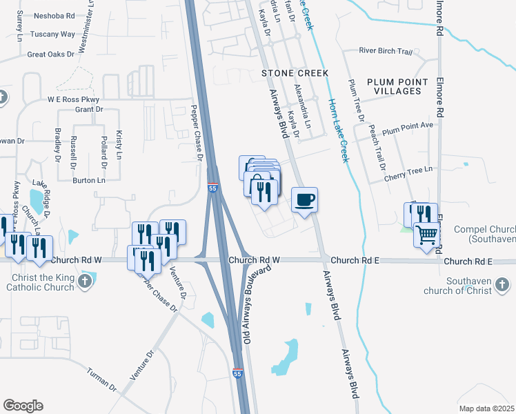 map of restaurants, bars, coffee shops, grocery stores, and more near 5205 Airways Boulevard in Southaven