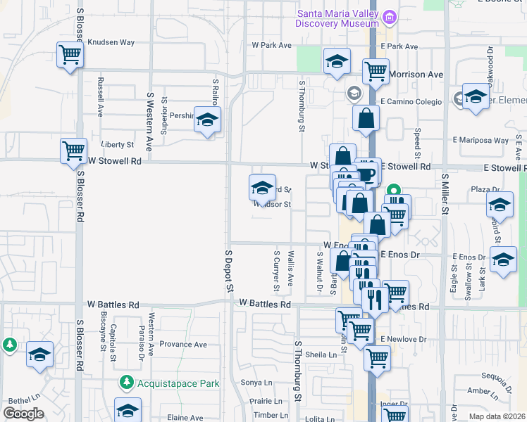 map of restaurants, bars, coffee shops, grocery stores, and more near 500 Windsor Street in Santa Maria