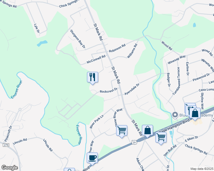 map of restaurants, bars, coffee shops, grocery stores, and more near 12 Rockcrest Circle in Taylors