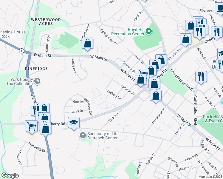 map of restaurants, bars, coffee shops, grocery stores, and more near 1150 Hickory Lane in Rock Hill