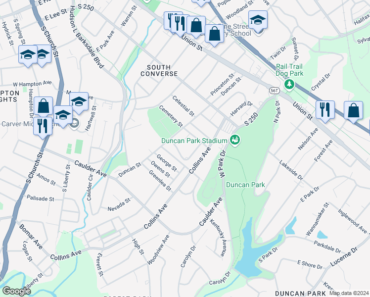 map of restaurants, bars, coffee shops, grocery stores, and more near 10 Victory Drive in Spartanburg
