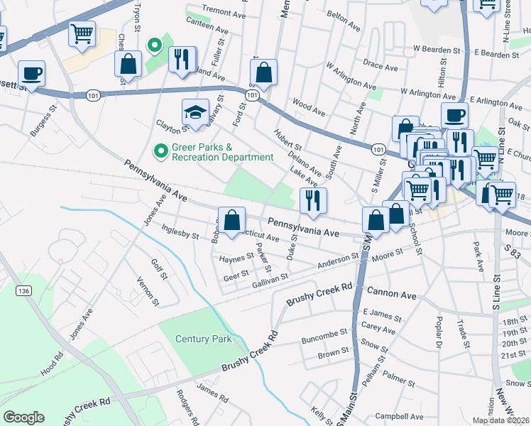 map of restaurants, bars, coffee shops, grocery stores, and more near 312 Pennsylvania Avenue in Greer