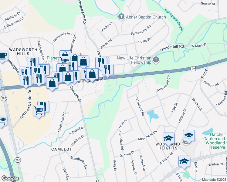 map of restaurants, bars, coffee shops, grocery stores, and more near Sierra Hills Drive in Spartanburg