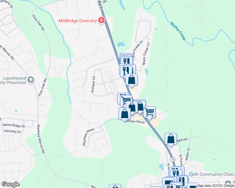 map of restaurants, bars, coffee shops, grocery stores, and more near 4004 Christine Lane in Waxhaw