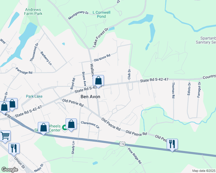 map of restaurants, bars, coffee shops, grocery stores, and more near 214 Woodburn Club Lane in Spartanburg