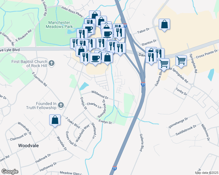 map of restaurants, bars, coffee shops, grocery stores, and more near 1640 Chamberside Drive in Rock Hill