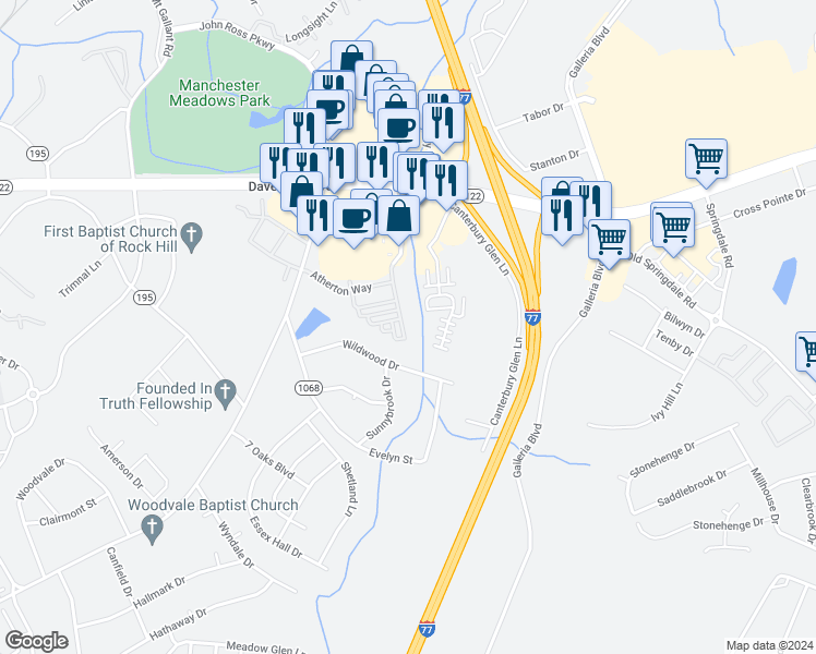 map of restaurants, bars, coffee shops, grocery stores, and more near 1636 Chamberside Drive in Rock Hill